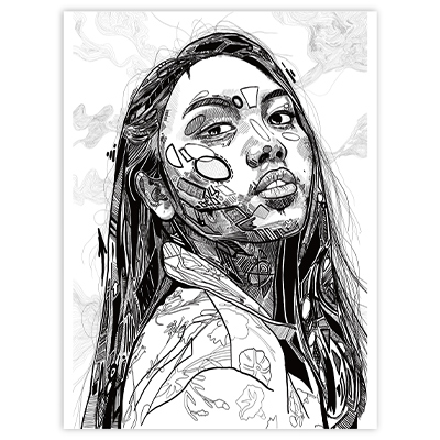 Digital illustration made as a Line Art artwork of the portrait of a young Asian and pretty girl