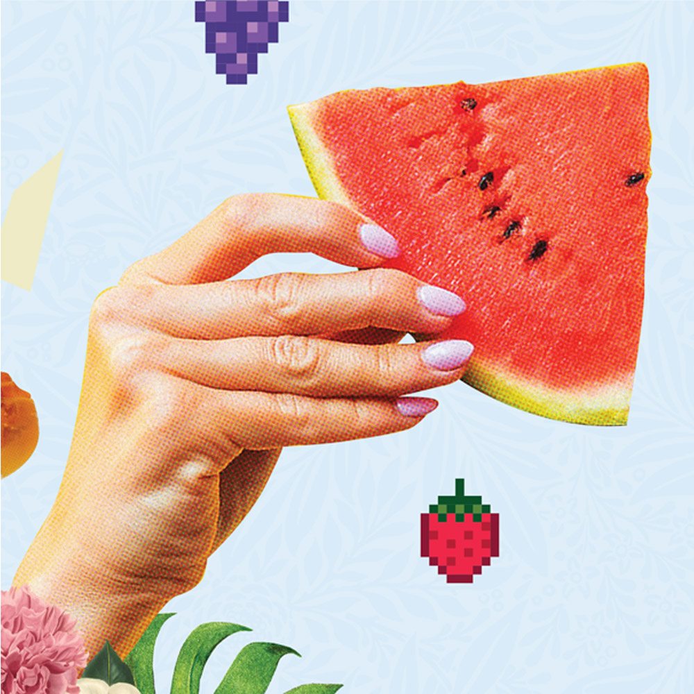 Picture showing details of a hand wearing a watermelon part, and vector artwork of the Poster Sugar Flamingo