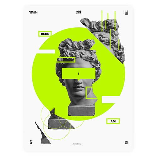 Contemporary visual art with Apollo's Statue and bright green geometric shapes