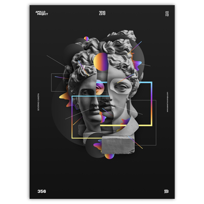 Surrealist digital creation made with the statue of Apollo and geometric shapes printed on high-quality Posters