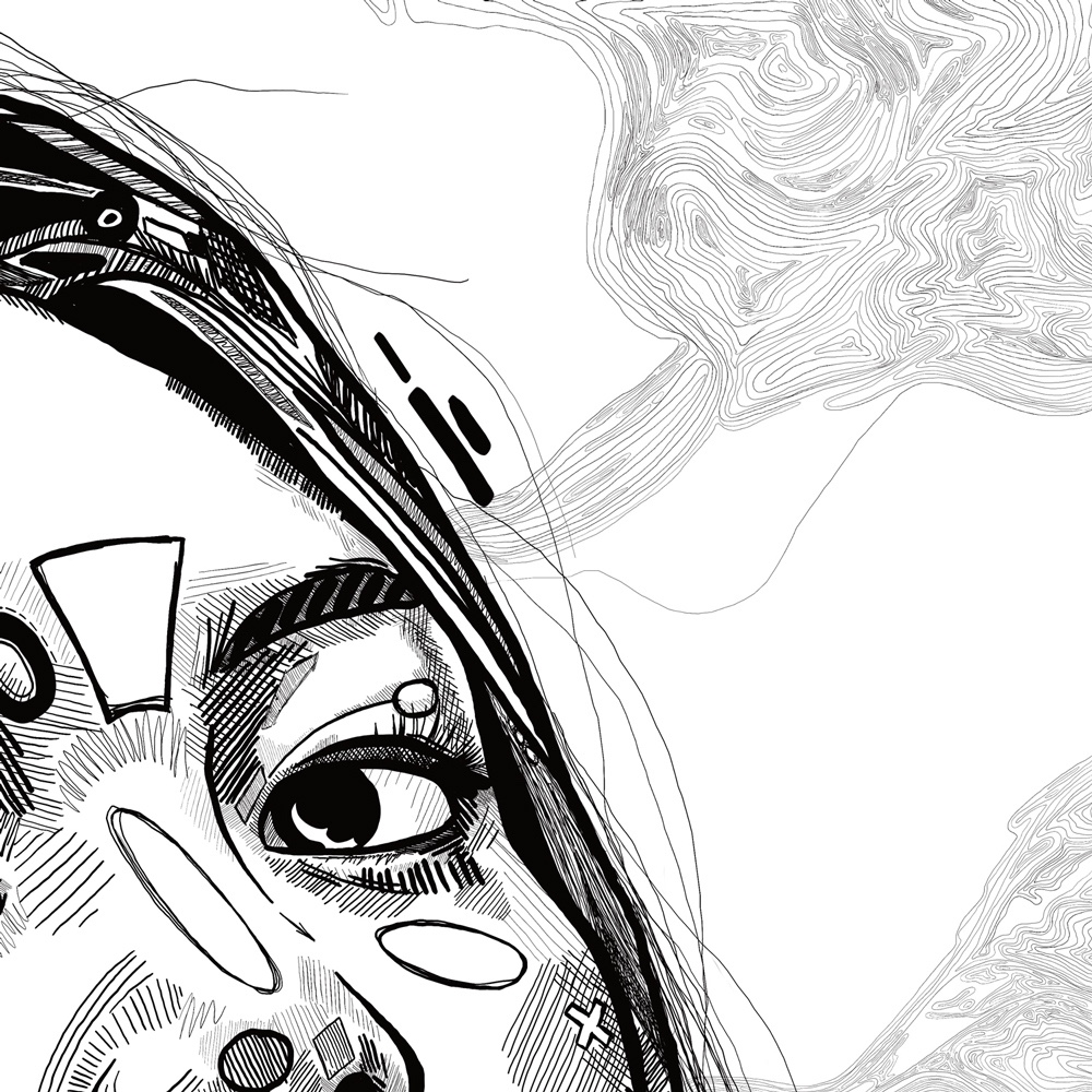 Zoom of the black and white digital illustration of a young and pretty Asian girl