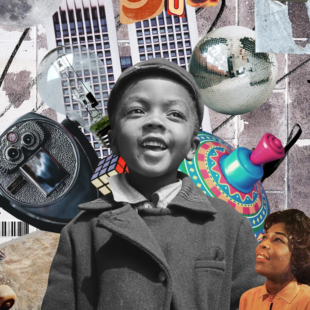 Zoom on the little Afro American boy of the contemporary collage named The World is Yours