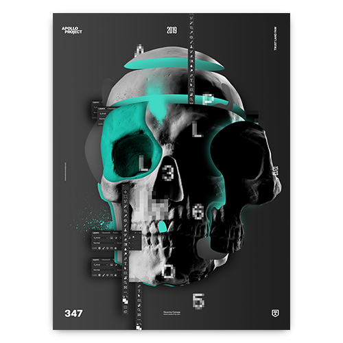 Digital art printed on posters featuring a skull named "Side by Side" number 14