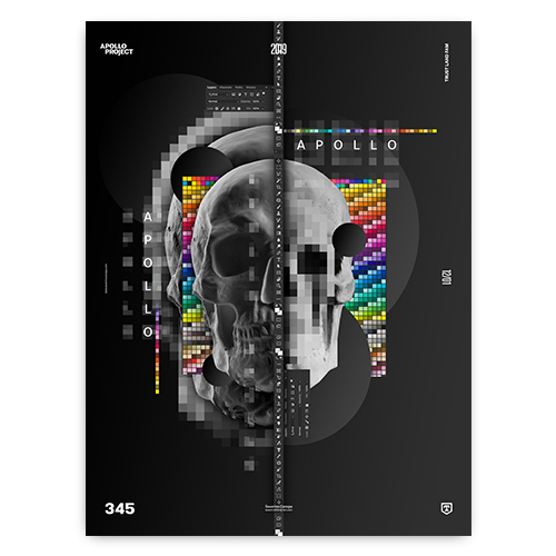 Surreal digital art made with a skull and software interface elements named 'Side by Side 2' printed on poster