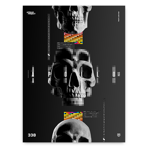 Digital art poster featuring a gypsum skull, software interface elements, and modern typography, perfect for contemporary art enthusiasts and tech aficionados