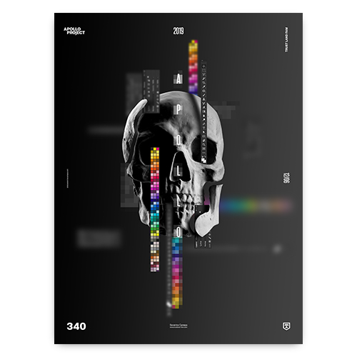 Minimalist digital artwork featuring a gypsum skull statue, geometric shapes, and bold typography, printed on a high-quality poster