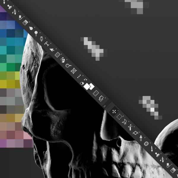 Zoom in on the poster titled 'Side by Side 9,' depicting a grayscale gypsum skull, pixelated effects, and graphic software elements