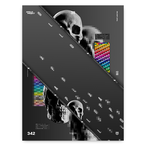 A digital illustration titled 'Side by Side 9' by Severino Canepa, featuring a realistic gypsum skull in grayscale, pixel effects in various colors, and graphic software interface elements on a dark grey background with diagonal lines