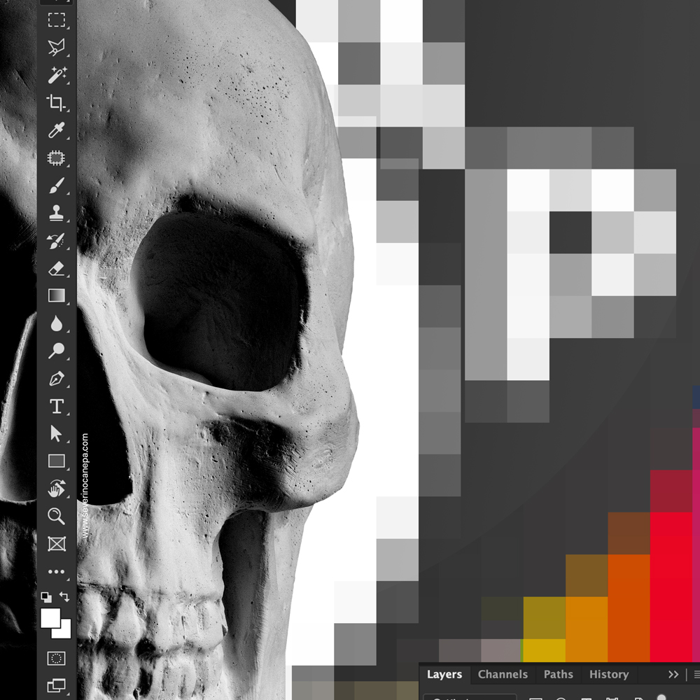 Enlargement image of ‘Side by Side’ poster with the gypsum skull and pixel elements