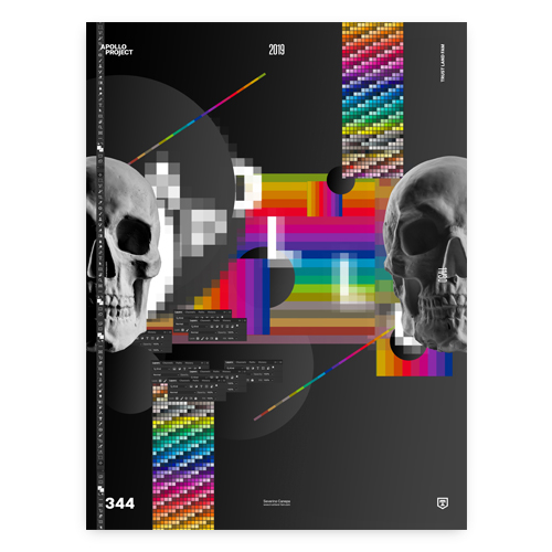 Modern and dreamlike digital art printed on fine arts quality paper with skull, geometric shapes, and colorful elements